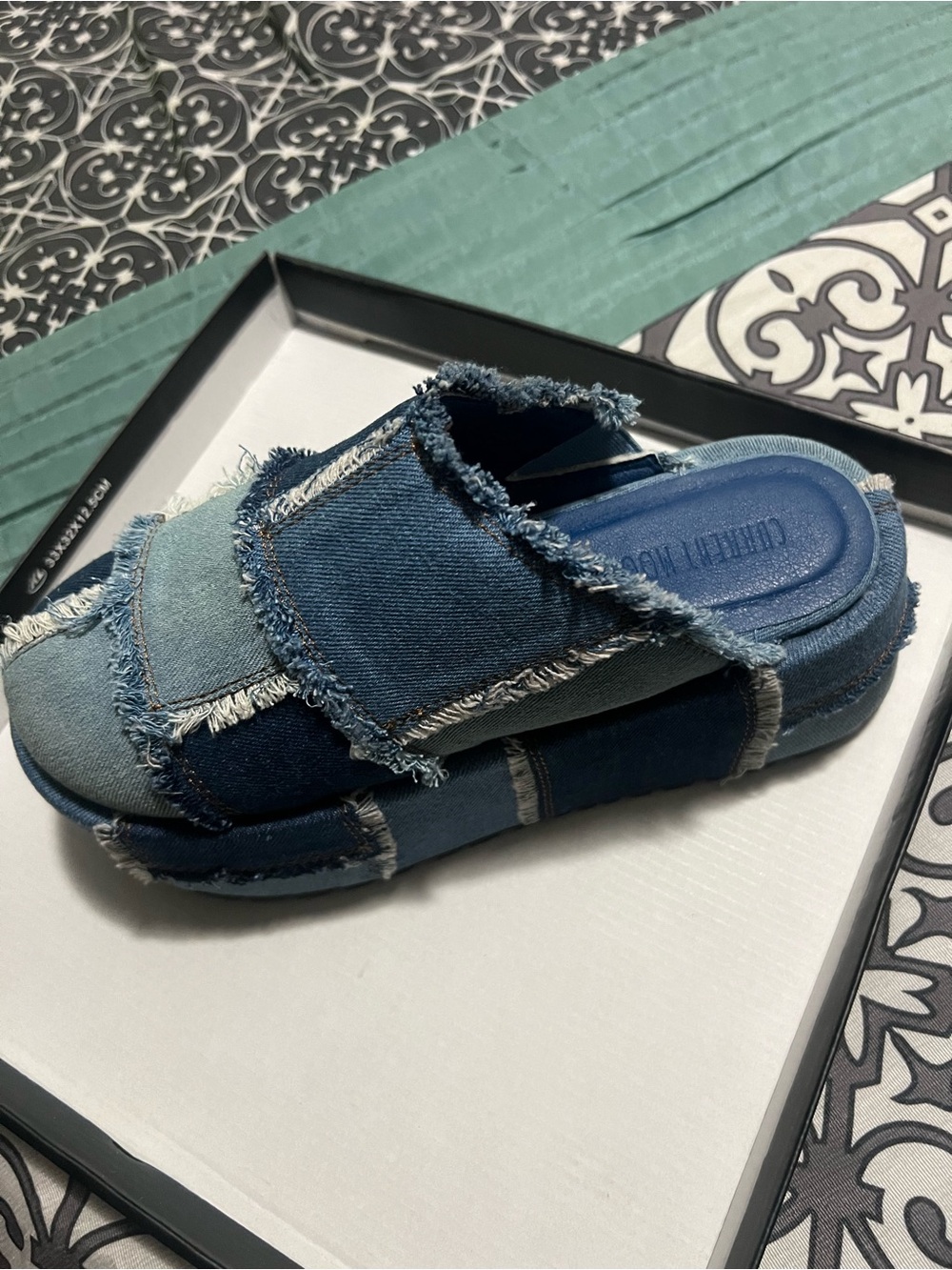 Frayed Denim Slide Sandal - Blue Dolls Kill